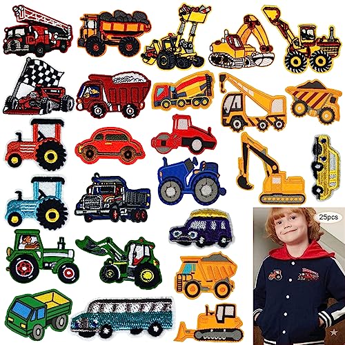 25 Stück Flicken zum Aufbügeln - Kinder Baufahrzeug Bügelflicken für Jeans, Jacken & T-Shirts von DGUSO