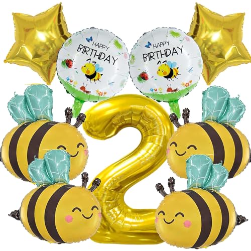 DGUSO Bienen Geburtsta Ballons 9 Stück Bienen Deko Luftballons Gelb, Süße Biene Folienballon Bienen Luftballon Zahlen-Ballon Zahl 2 Luftballon für Hochzeit Baby Dusche Party Deko von DGUSO