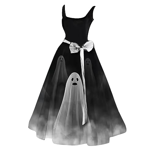 DGZTWLL Halloween-Kleid für Damen, Vintage, sexy, ärmellos, Skelett, Kürbis, bedruckt, A-Linie, Midi-Kleid, Cosplay, Party-Kostüm, schwarz 2, S von DGZTWLL