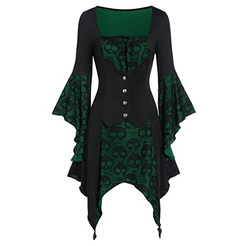 DGZTWLL Renaissance-Kostüm für Damen, mittelalterlich, Übergröße, sexy Hexenkleid, irisches langes Überkleid, Vintage-Piraten-Bauernkleid, Grün , L von DGZTWLL