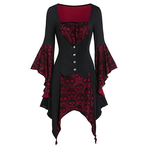 DGZTWLL Renaissance-Kostüm für Damen, mittelalterlich, Übergröße, sexy Hexenkleid, irisches langes Überkleid, Vintage-Piraten-Bauernkleid, Rot/Ausflug, einfarbig (Getaway Solids), M von DGZTWLL