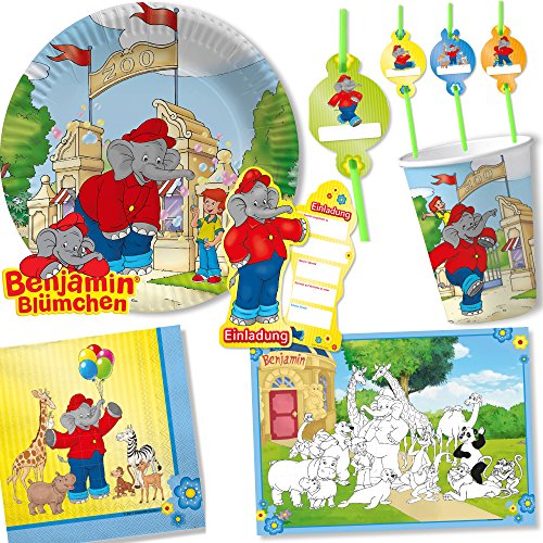 108-tlg. PARTY SET * BENJAMIN BLÜMCHEN * für Kindergeburtstag mit Teller + Becher + Papier-Trinkhalme + Servietten + Einladungen + Tischsets + Luftschlangen + Ballons + uvm | Kinder Geburtstag Deko von Carpeta