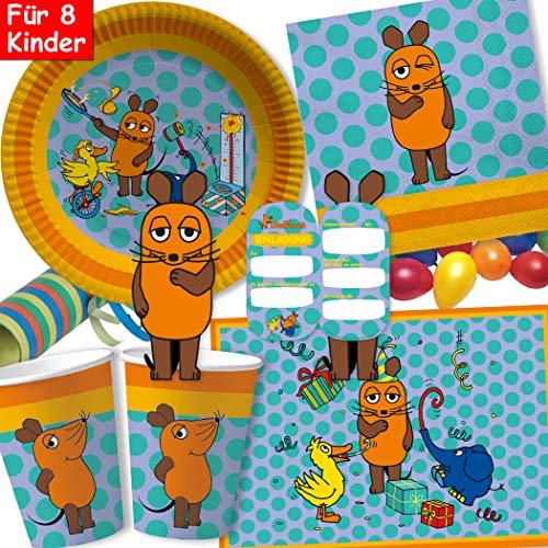 104-tlg Party-Set * DIE SENDUNG MIT DER MAUS * für Kindergeburtstag mit Teller + Becher + Servietten + Sticker + Einladungen + Tischsets + Luftschlangen + Luftballons | Maus Mäuse Detektiv Detektive von DH-Konzept/Carpeta: