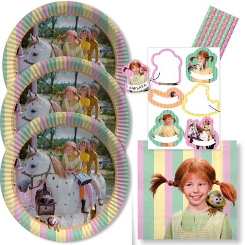 48-teiliges Party-Set - Pippi Langstrumpf - Teller Namensaufkleber Servietten Trinkhalme für 8 Kinder 48-teiliges Party-Set - Pippi Langstrumpf - Teller Namensaufkleber Servietten Trinkhalme für 8 Kinder von DH-Konzept