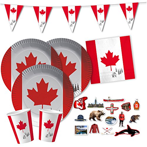 62-teiliges Party-Set Kanada - Teller Becher Servietten Wimpelkette XXL-Konfetti für 20 Personen von DH-Konzept