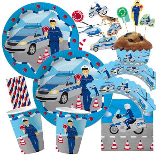 67-teiliges Party-Set - Polizei - Teller Becher Servietten XXL-Konfetti Muffin-Banderolen Picker Trinkhalme für 8 Kinder von DH-Konzept