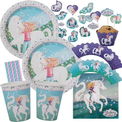 67-teiliges Party-Set - Sternenschweif Einhorn - Teller Becher Servietten XXL-Konfetti Muffin-Banderolen Picker Trinkhalme für 8 Kinder von DH-Konzept