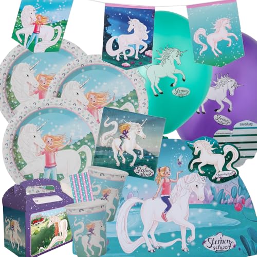 77-teiliges Party-Set - Sternenschweif Einhorn -Teller Becher Servietten Platzsets Wimpelkette Einladungen Luftballons Partyboxen Trinkhalme für 8 Kinder 77-teiliges Party-Set - Sternenschweif Einhorn -Teller Becher Servietten Platzsets Wimpelkette Einladungen Luftballons Partyboxen Trinkhalme für 8 Kinder von DH-Konzept