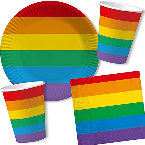 DH-Konzept/Carpeta 65-TLG. Party-Set * Regenbogen Farben * mit Pappteller + Servietten + Pappbecher + Deko | Teller Becher Luftballons Pride Gay LGBT von DH-Konzept