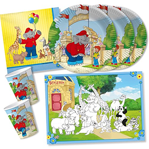 DH-Konzept 42-teiliges Party-Set - Elefant Benjamin Blümchen - Teller Becher Servietten Platzsets für 6 - 8 Kinder von DH-Konzept