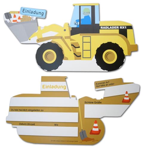 DH-Konzept Baustelle Kindergeburtstag Einladungskarten Bagger Design - 12 Einladungen aus Karton, Radlader Motiv, Texte in deutsch, 18 x 9 cm, 2 x 6 Stück DH-Konzept Baustelle Kindergeburtstag Einladungskarten Bagger Design - 12 Einladungen aus Karton, Radlader Motiv, Texte in deutsch, 18 x 9 cm, 2 x 6 Stück von DH-Konzept