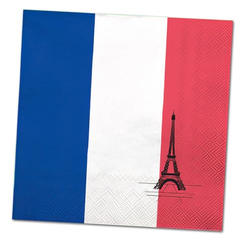 Papierservietten mit Frankreich Flagge Motiv – 40 Stück, 33x33 cm, 1/4 Falz, 3-lagig für französischen Abend, Fanparty, Nationalfeiertag, Länderdeko oder Mottopartys (2 x 20 Servietten) von DH-Konzept