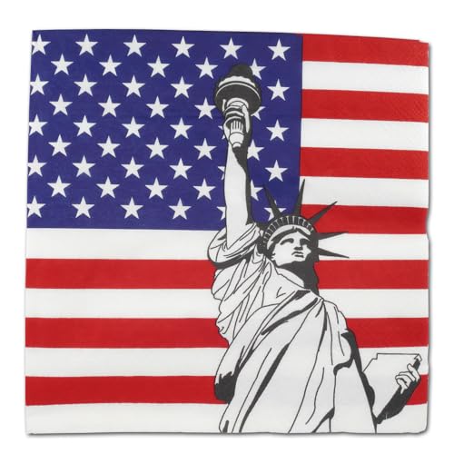 Papierservietten mit USA Flagge Motiv – 100 Stück, 33x33 cm, 1/4 Falz, 3-lagig für amerikanisches BBQ, Fanparty, Nationalfeiertag, Länderdeko oder Mottopartys (5 x 20 Servietten) von DH-Konzept