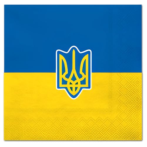 Papierservietten mit Ukraine Flagge Motiv – 40 Stück, 33x33 cm, 1/4 Falz, 3-lagig für ukrainischen Abend, Fanparty, Nationalfeiertag, Länderdeko oder Mottopartys (2 x 20 Servietten) von DH-Konzept