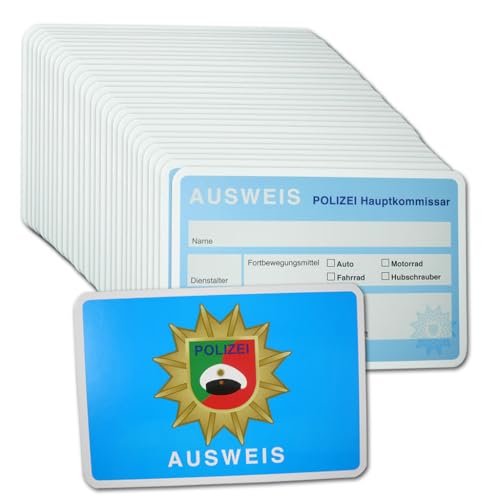 30 Polizei Motiv Deko Ausweis Kindergeburtstag – Spielausweise Hauptkommissar, 11x7,5 cm, Karton beidseitig bedruckt, Partyspiel, Tischdeko & Mitgebsel für Kinder (5 x 6 Stück) von DH-Konzept