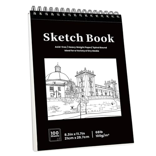 Skizzenbuch A4, 100 g/m² Zeichenpapier, 200 Seiten / 100 Bögen Spiralgebundenes Sketchbook Hardcover Zeichenblock für Illustration, Porträt und Skizzen (A4) von DHAIQC