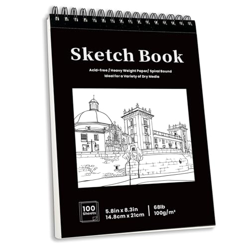 Skizzenbuch A5, 100 g/m² Zeichenpapier, 200 Seiten / 100 Bögen Spiralgebundenes Sketchbook Hardcover Zeichenblock für Illustration, Porträt und Skizzen (A5) von DHAIQC