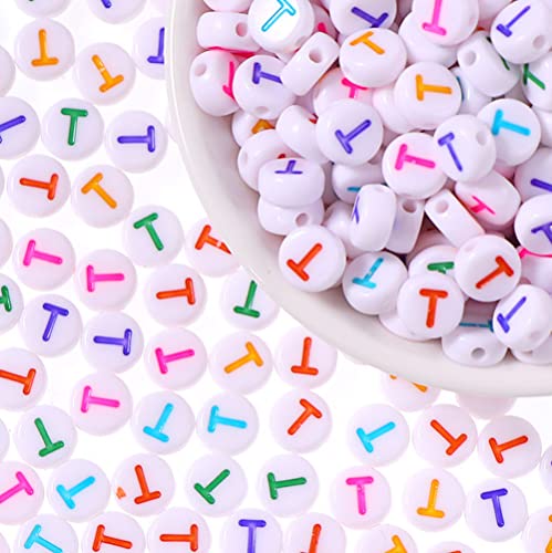 DHARIS 100 STÜCKE Buchstabenperlen 4 x 7 mm Acryl-Alphabet-Perlen Bunte runde Buchstaben T-Perlen für die Schmuckherstellung Armbänder Halsketten DIY Schlüsselanhänger (100 STÜCKE-T) von DHARIS