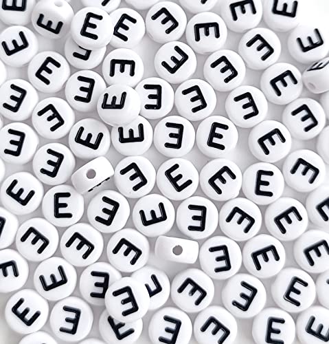 DHARIS 100 STÜCKE Buchstabenperlen 4 x 7 mm Acryl-Alphabet-Perlen zur Schmuckherstellung, weiße runde Vokal-Buchstaben-E-Perlen für Armbänder, Halsketten, DIY von DHARIS