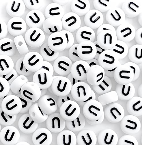 DHARIS 100 STÜCKE Buchstabenperlen 4 x 7 mm weiße runde Acryl-Alphabet-Perlen Vokal-Buchstaben-U-Perlen für die Schmuckherstellung, Armbänder, Halsketten, DIY-Schlüsselanhänger von DHARIS