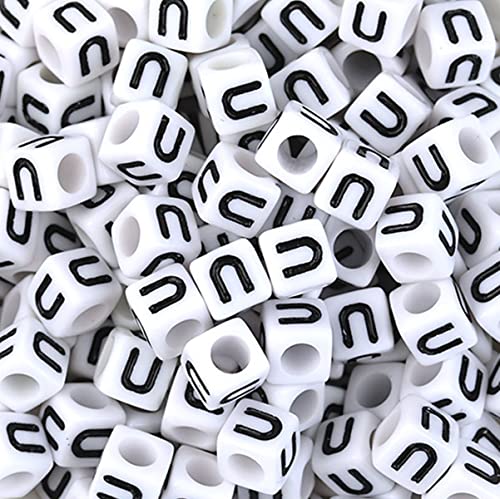 DHARIS 100 STÜCKE Buchstabenperlen 6X6mm Weißer Würfel Acryl Alphabet Perlen Vokal Buchstaben U Perlen für Schmuckherstellung Armbänder Halsketten DIY Schlüsselanhänger(U-100 Stück) von DHARIS