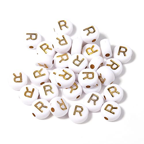 DHARIS 100 STÜCKE Buchstabenperlen Gold Buchstabe Weiß Runde Acryl Alphabet Perlen Buchstaben A ~ Z Perlen für die Schmuckherstellung Armbänder Halsketten Schlüsselanhänger DIY 4X7mm (100 STÜCKE-R) von DHARIS