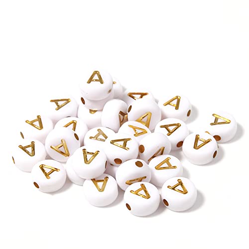DHARIS 100 STÜCKE Buchstabenperlen Gold Buchstabe Weiß Runde Acryl Alphabet Perlen Buchstaben A ~ Z Perlen für die Schmuckherstellung Armbänder Halsketten Schlüsselanhänger DIY 4X7mm (100 STÜCKE-A) von DHARIS