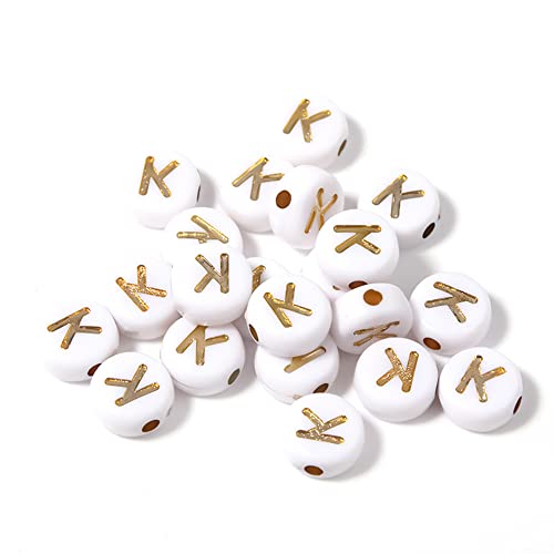 DHARIS 100 STÜCKE Buchstabenperlen Gold Buchstabe Weiß Runde Acryl Alphabet Perlen Buchstaben A ~ Z Perlen für die Schmuckherstellung Armbänder Halsketten Schlüsselanhänger DIY 4X7mm (100 STÜCKE-K) von DHARIS