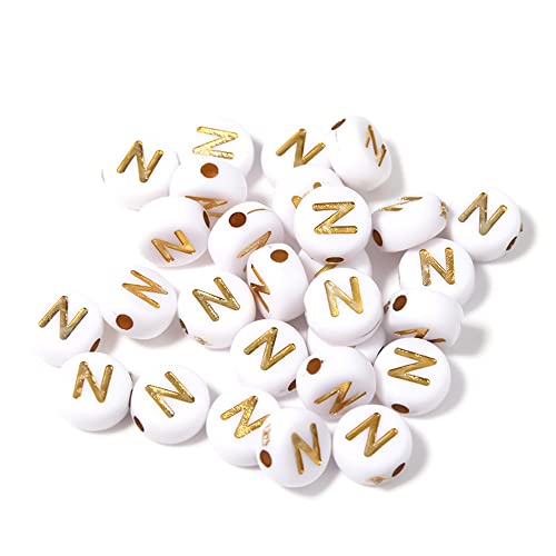 DHARIS 100 STÜCKE Buchstabenperlen Gold Buchstabe Weiß Runde Acryl Alphabet Perlen Buchstaben A ~ Z Perlen für die Schmuckherstellung Armbänder Halsketten Schlüsselanhänger DIY 4X7mm (100 STÜCKE-N) von DHARIS