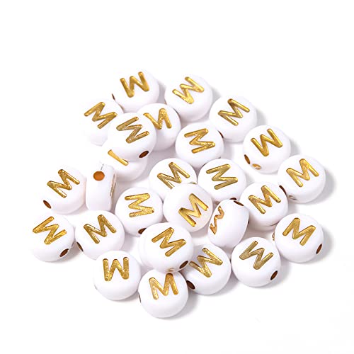 DHARIS 100 STÜCKE Buchstabenperlen Gold Buchstabe Weiß Runde Acryl Alphabet Perlen Buchstaben A ~ Z Perlen für die Schmuckherstellung Armbänder Halsketten Schlüsselanhänger DIY 4X7mm (100 STÜCKE-M) von DHARIS