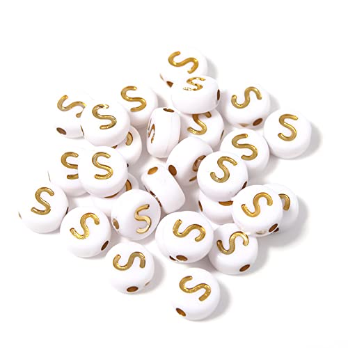 DHARIS 100 STÜCKE Buchstabenperlen Gold Buchstabe Weiß Runde Acryl Alphabet Perlen Buchstaben A ~ Z Perlen für die Schmuckherstellung Armbänder Halsketten Schlüsselanhänger DIY 4X7mm (100 STÜCKE-S) von DHARIS
