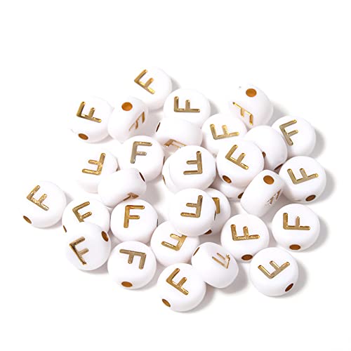 DHARIS 100 STÜCKE Buchstabenperlen Gold Buchstabe Weiß Runde Acryl Alphabet Perlen Buchstaben A ~ Z Perlen für die Schmuckherstellung Armbänder Halsketten Schlüsselanhänger DIY 4X7mm (100 STÜCKE-F) von DHARIS