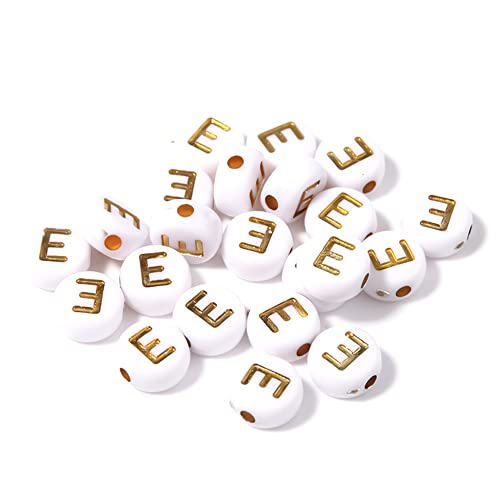 DHARIS 100 STÜCKE Buchstabenperlen Gold Buchstabe Weiß Runde Acryl Alphabet Perlen Buchstaben A ~ Z Perlen für die Schmuckherstellung Armbänder Halsketten Schlüsselanhänger DIY 4X7mm (100 STÜCKE-E) von DHARIS