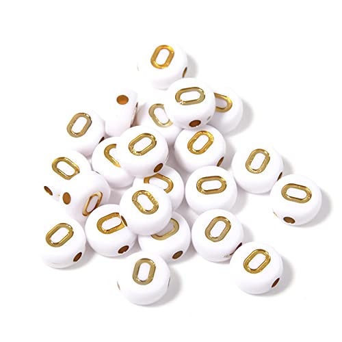 DHARIS 100 STÜCKE Buchstabenperlen Gold Buchstabe Weiß Runde Acryl Alphabet Perlen Buchstaben A ~ Z Perlen für die Schmuckherstellung Armbänder Halsketten Schlüsselanhänger DIY 4X7mm (100 STÜCKE-O) von DHARIS