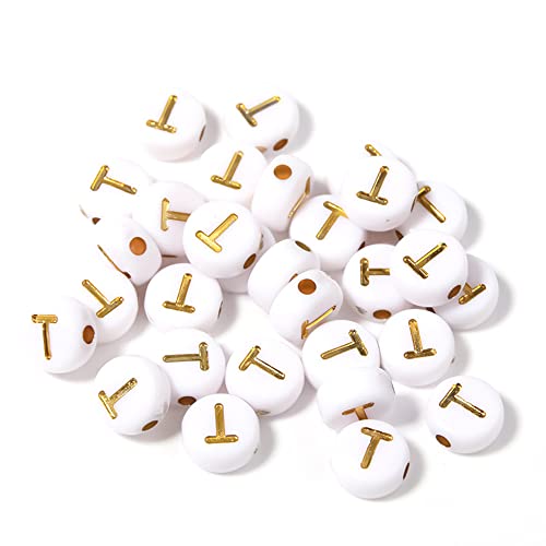 DHARIS 100 STÜCKE Buchstabenperlen Gold Buchstabe Weiß Runde Acryl Alphabet Perlen Buchstaben A ~ Z Perlen für die Schmuckherstellung Armbänder Halsketten Schlüsselanhänger DIY 4X7mm (100 STÜCKE-T) von DHARIS