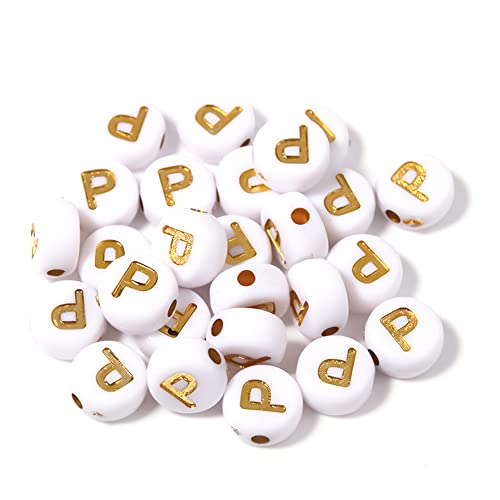 DHARIS 100 STÜCKE Buchstabenperlen Gold Buchstabe Weiß Runde Acryl Alphabet Perlen Buchstaben A ~ Z Perlen für die Schmuckherstellung Armbänder Halsketten Schlüsselanhänger DIY 4X7mm (100 STÜCKE-P) von DHARIS