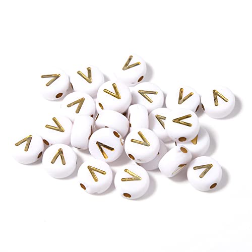 DHARIS 100 STÜCKE Buchstabenperlen Gold Buchstabe Weiß Runde Acryl Alphabet Perlen Buchstaben A ~ Z Perlen für die Schmuckherstellung Armbänder Halsketten Schlüsselanhänger DIY 4X7mm (100 STÜCKE-V) von DHARIS