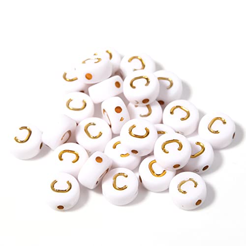 DHARIS 100 STÜCKE Buchstabenperlen Gold Buchstabe Weiß Runde Acryl Alphabet Perlen Buchstaben A ~ Z Perlen für die Schmuckherstellung Armbänder Halsketten Schlüsselanhänger DIY 4X7mm (100 STÜCKE-C) von DHARIS
