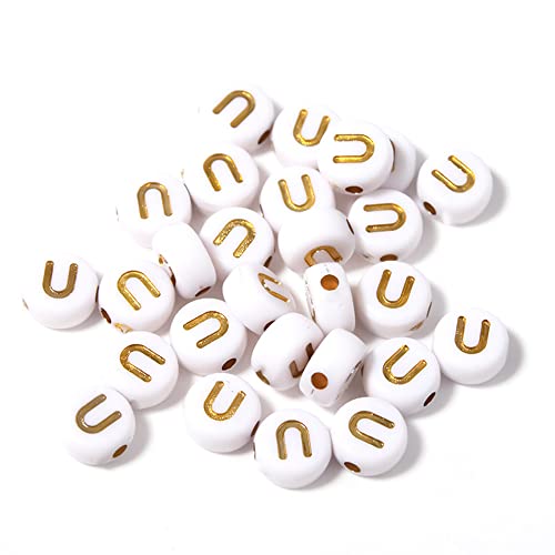 DHARIS 100 STÜCKE Buchstabenperlen Gold Buchstabe Weiß Runde Acryl Alphabet Perlen Buchstaben A ~ Z Perlen für die Schmuckherstellung Armbänder Halsketten Schlüsselanhänger DIY 4X7mm (100 STÜCKE-U) von DHARIS