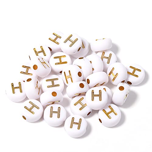 DHARIS 100 STÜCKE Buchstabenperlen Gold Buchstabe Weiß Runde Acryl Alphabet Perlen Buchstaben A ~ Z Perlen für die Schmuckherstellung Armbänder Halsketten Schlüsselanhänger DIY 4X7mm (100 STÜCKE-H) von DHARIS