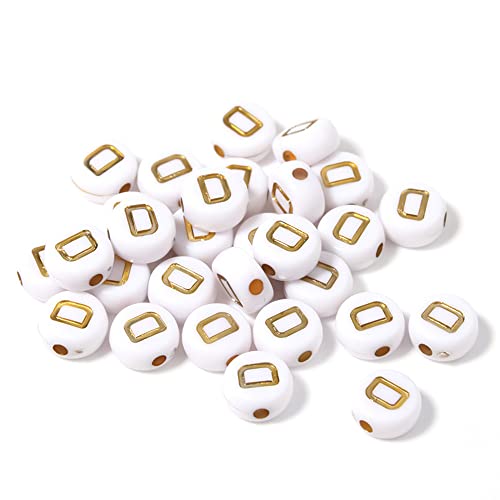 DHARIS 100 STÜCKE Buchstabenperlen Gold Buchstabe Weiß Runde Acryl Alphabet Perlen Buchstaben A ~ Z Perlen für die Schmuckherstellung Armbänder Halsketten Schlüsselanhänger DIY 4X7mm (100 STÜCKE-D) von DHARIS