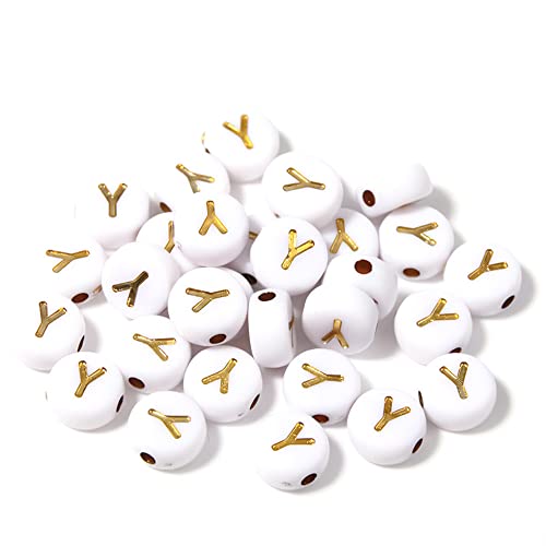 DHARIS 100 STÜCKE Buchstabenperlen Gold Buchstabe Weiß Runde Acryl Alphabet Perlen Buchstaben A ~ Z Perlen für die Schmuckherstellung Armbänder Halsketten Schlüsselanhänger DIY 4X7mm (100 STÜCKE-Y) von DHARIS