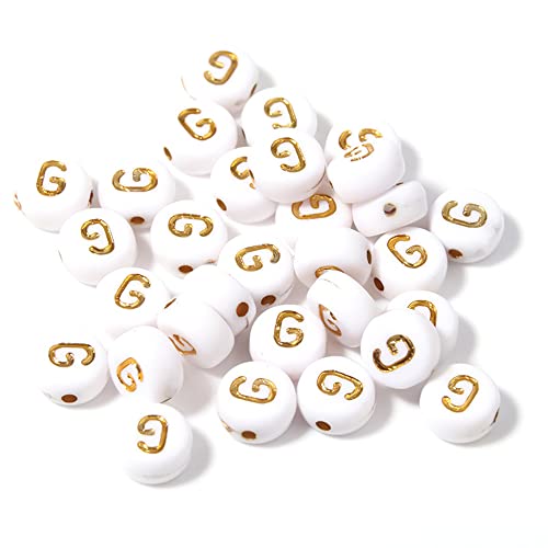 DHARIS 100 STÜCKE Buchstabenperlen Gold Buchstabe Weiß Runde Acryl Alphabet Perlen Buchstaben A ~ Z Perlen für die Schmuckherstellung Armbänder Halsketten Schlüsselanhänger DIY 4X7mm (100 STÜCKE-G) von DHARIS