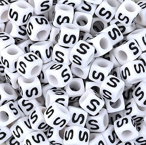 DHARIS 100 STÜCKE Buchstabenperlen Weißer Würfel Acryl Alphabetperlen Buchstabe S Perlen für Schmuckherstellung Armbänder Halsketten Schlüsselanhänger DIY 6X6mm (S-100 Stück) von DHARIS