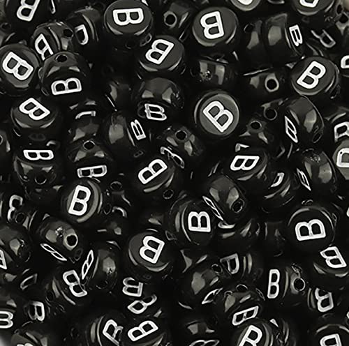 DHARIS 100 Stück 4 × 7 mm schwarze runde Acryl-Alphabet-Buchstaben-Perlen Buchstabe B-Perlen für die Schmuckherstellung, Armbänder, Halsketten, Schlüsselanhänger (B-100 Stück) von DHARIS