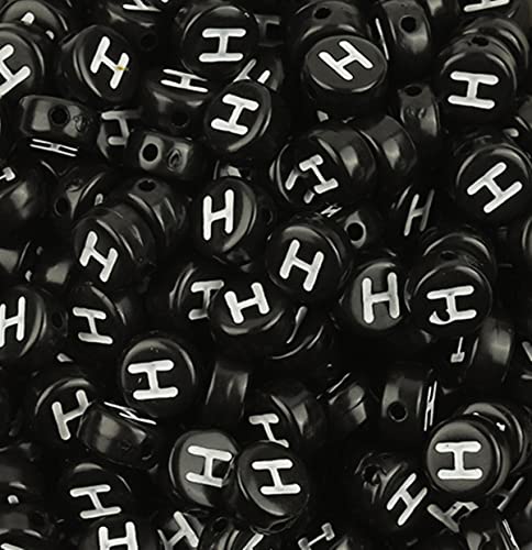 DHARIS 100 Stück 4 × 7 mm schwarze runde Acryl-Alphabet-Buchstaben-Perlen Buchstabe H-Perlen für die Schmuckherstellung, Armbänder, Halsketten, Schlüsselanhänger (H-100 Stück) von DHARIS