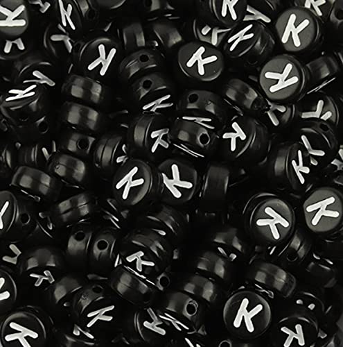 DHARIS 100 Stück 4 × 7 mm schwarze runde Acryl-Alphabet-Buchstaben-Perlen Buchstabe K-Perlen für die Schmuckherstellung, Armbänder, Halsketten, Schlüsselanhänger (K-100 Stück) von DHARIS