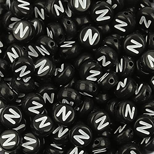 DHARIS 100 Stück 4 × 7 mm schwarze runde Acryl-Alphabet-Buchstaben-Perlen Buchstabe N-Perlen für die Schmuckherstellung, Armbänder, Halsketten, Schlüsselanhänger (N-100 Stück) von DHARIS