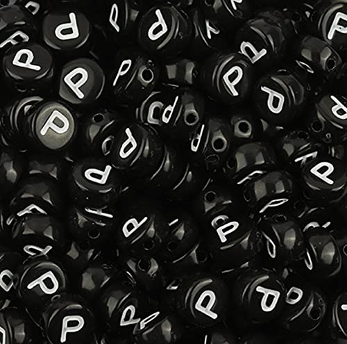 DHARIS 100 Stück 4 × 7 mm schwarze runde Acryl-Alphabet-Buchstaben-Perlen Buchstabe P-Perlen für die Schmuckherstellung, Armbänder, Halsketten, Schlüsselanhänger (P-100 Stück) von DHARIS