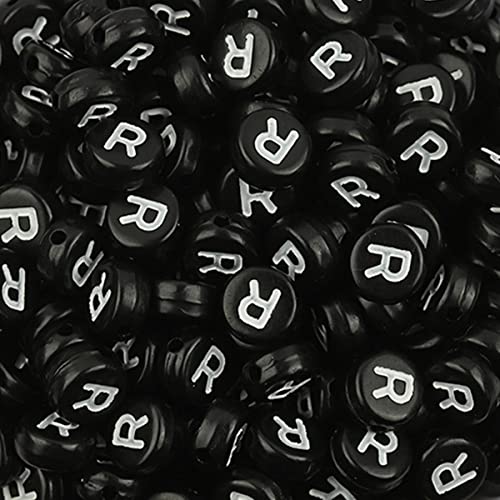 DHARIS 100 Stück 4 × 7 mm schwarze runde Acryl-Alphabet-Buchstaben-Perlen Buchstabe R-Perlen für die Schmuckherstellung, Armbänder, Halsketten, Schlüsselanhänger (R-100 Stück) von DHARIS
